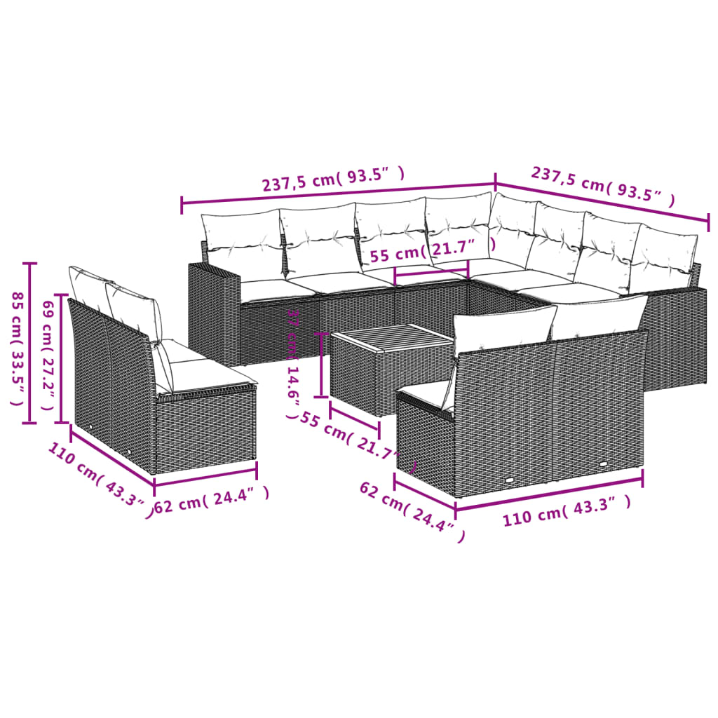 12 Pcs conjunto de sofás p/ jardim com almofadões vime PE bege