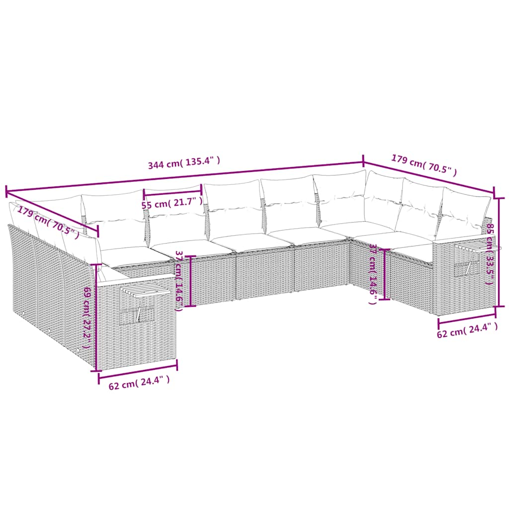 10 Pcs conjunto sofás de jardim c/ almofadões vime PE preto