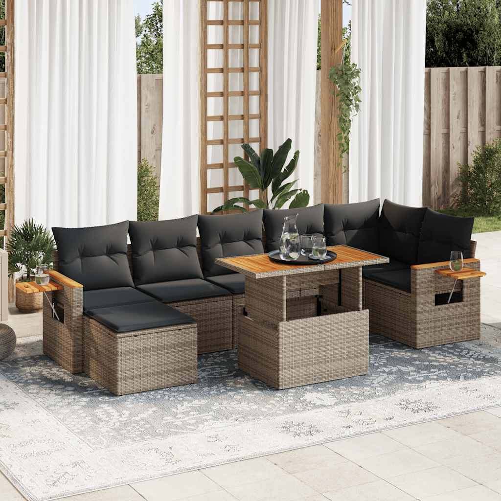 8 Pcs conjunto sofás jardim almofadões vime PE/acácia cinzento