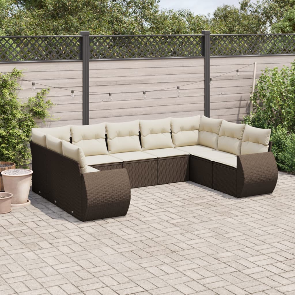 9 Pcs conjunto sofás p/ jardim c/ almofadões vime PE castanho