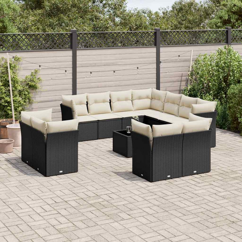 12 Pcs conjunto de sofás de jardim c/ almofadões vime PE preto