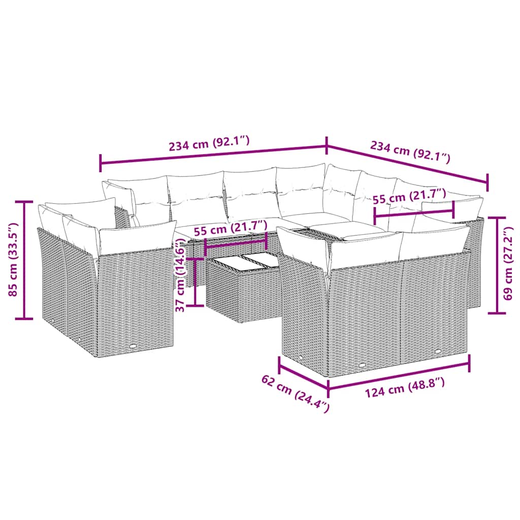 12 Pcs conjunto de sofás de jardim c/ almofadões vime PE preto
