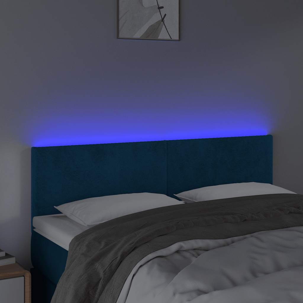 Cabeceira de cama c/ luzes LED veludo 144x5x78/88cm azul-escuro