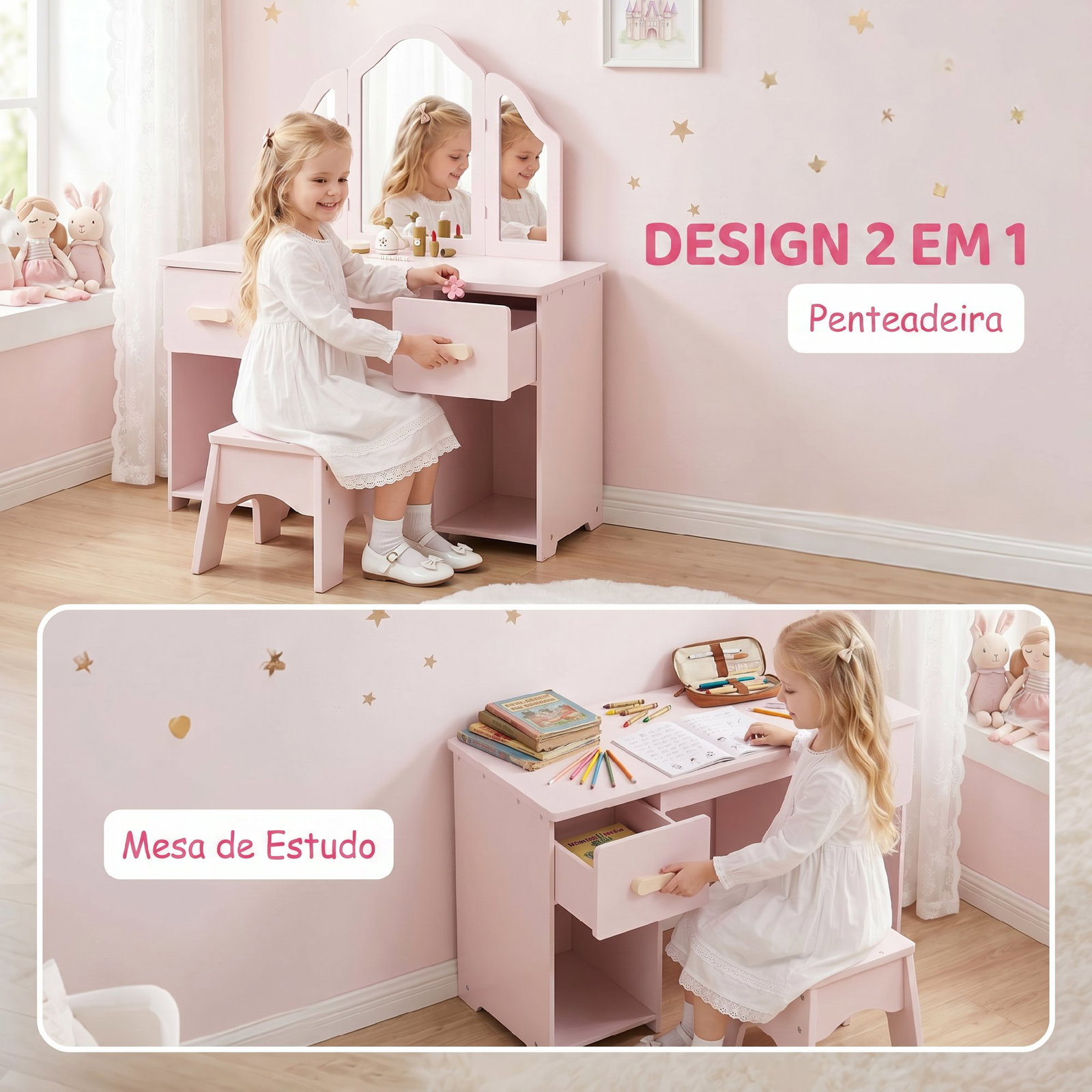 Penteadeira infantil de maquilhagem com banco, 3 espelhos amovíveis, 2 gavetas, 2 armários e 7 acessórios, rosa, +3 anos