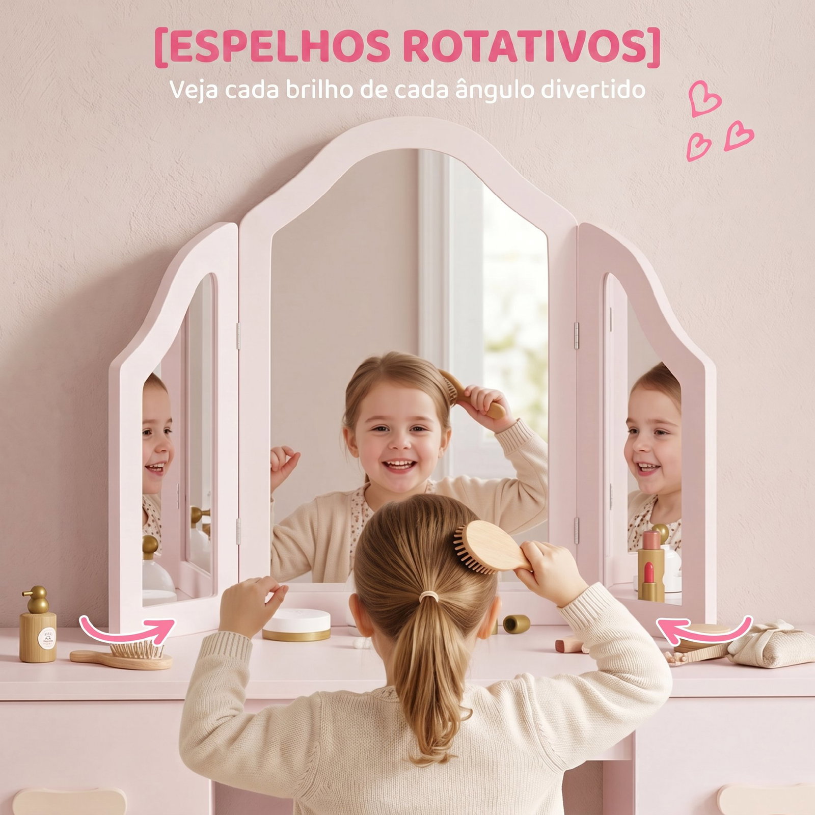 Penteadeira infantil de maquilhagem com banco, 3 espelhos amovíveis, 2 gavetas, 2 armários e 7 acessórios, rosa, +3 anos