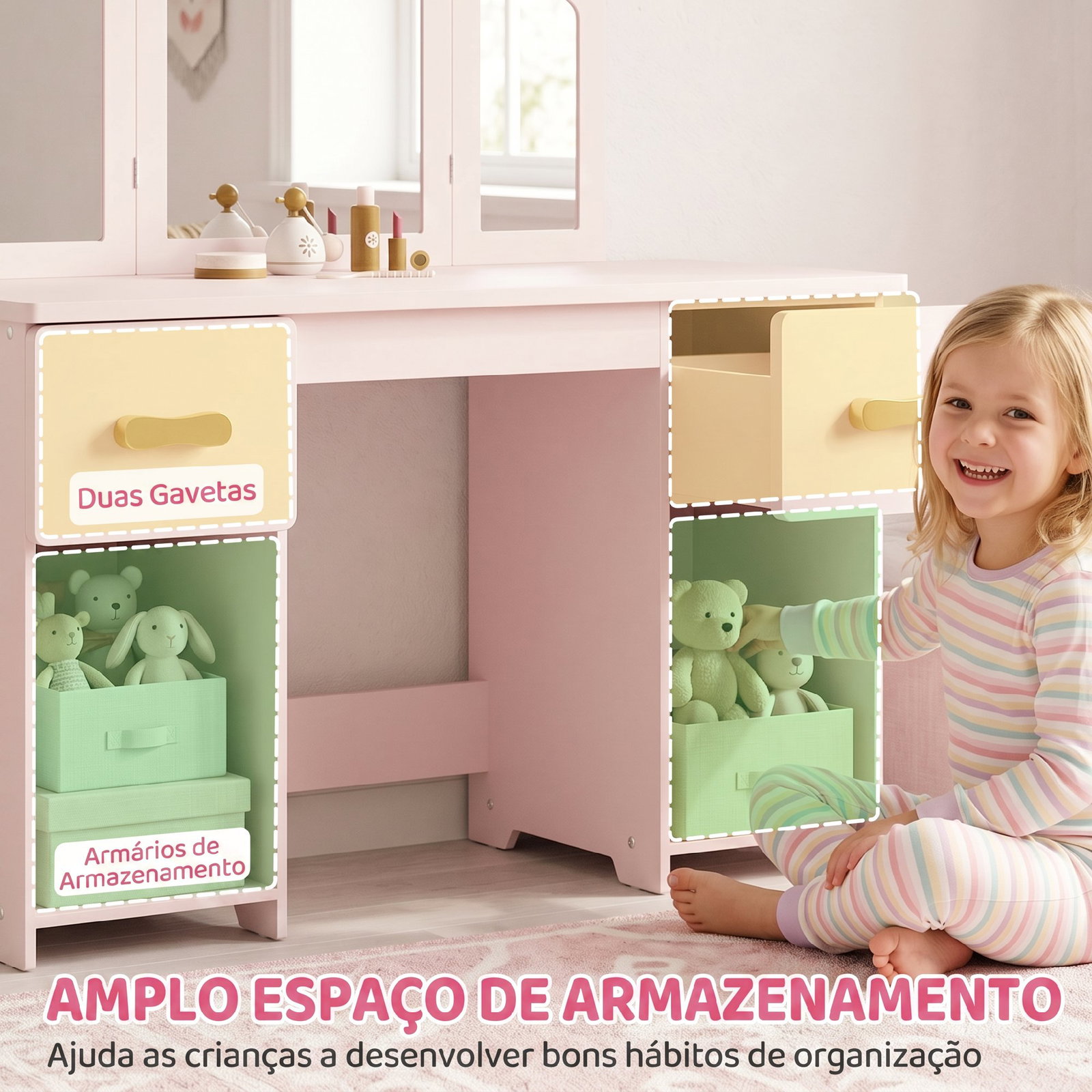 Penteadeira infantil de maquilhagem com banco, 3 espelhos amovíveis, 2 gavetas, 2 armários e 7 acessórios, rosa, +3 anos