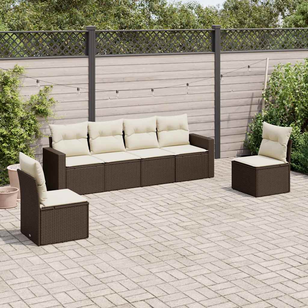 6 Pcs conjunto de sofás jardim c/ almofadões vime PE castanho