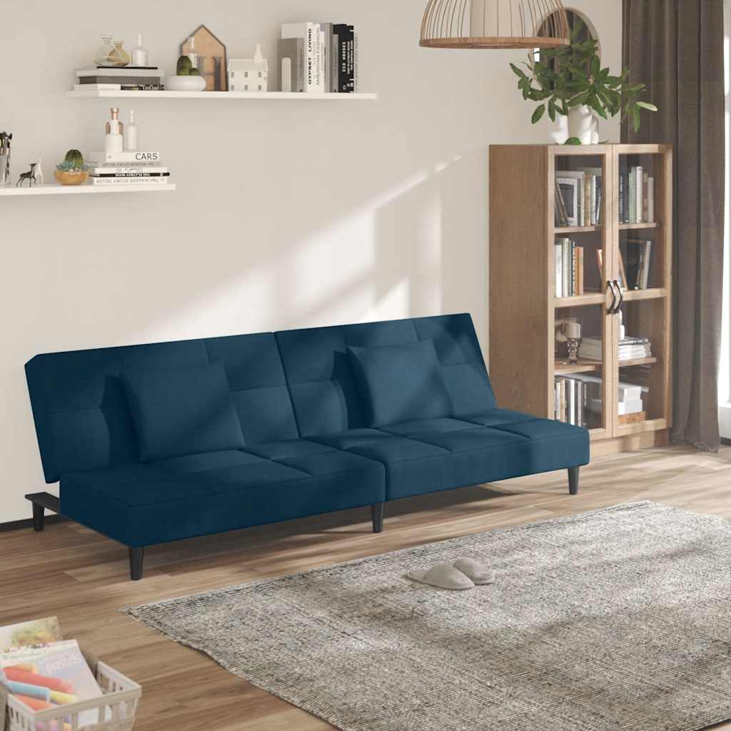 Sofá-cama 2 lugares com duas almofadas veludo azul