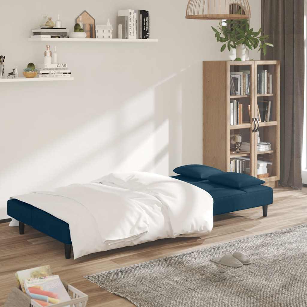 Sofá-cama 2 lugares com duas almofadas veludo azul