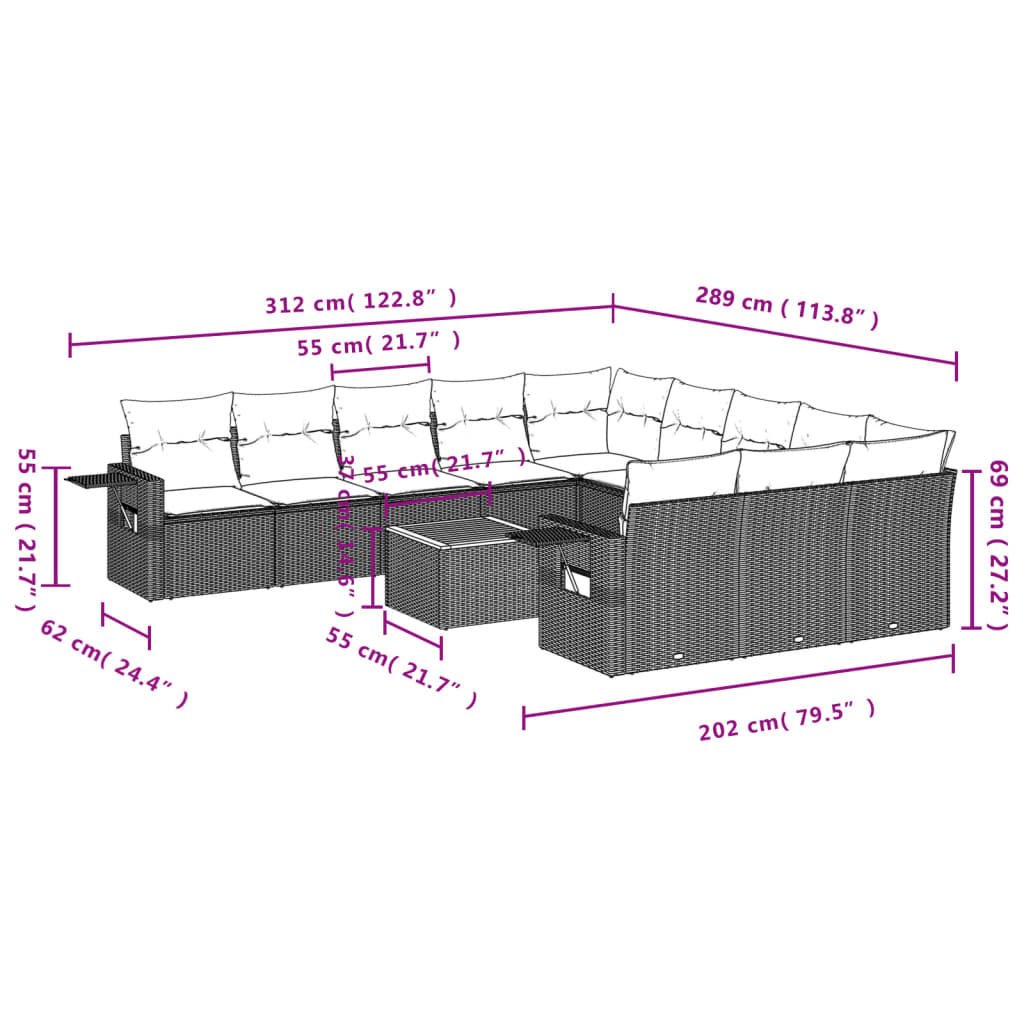 12 Pcs conjunto de sofás de jardim c/ almofadões vime PE preto