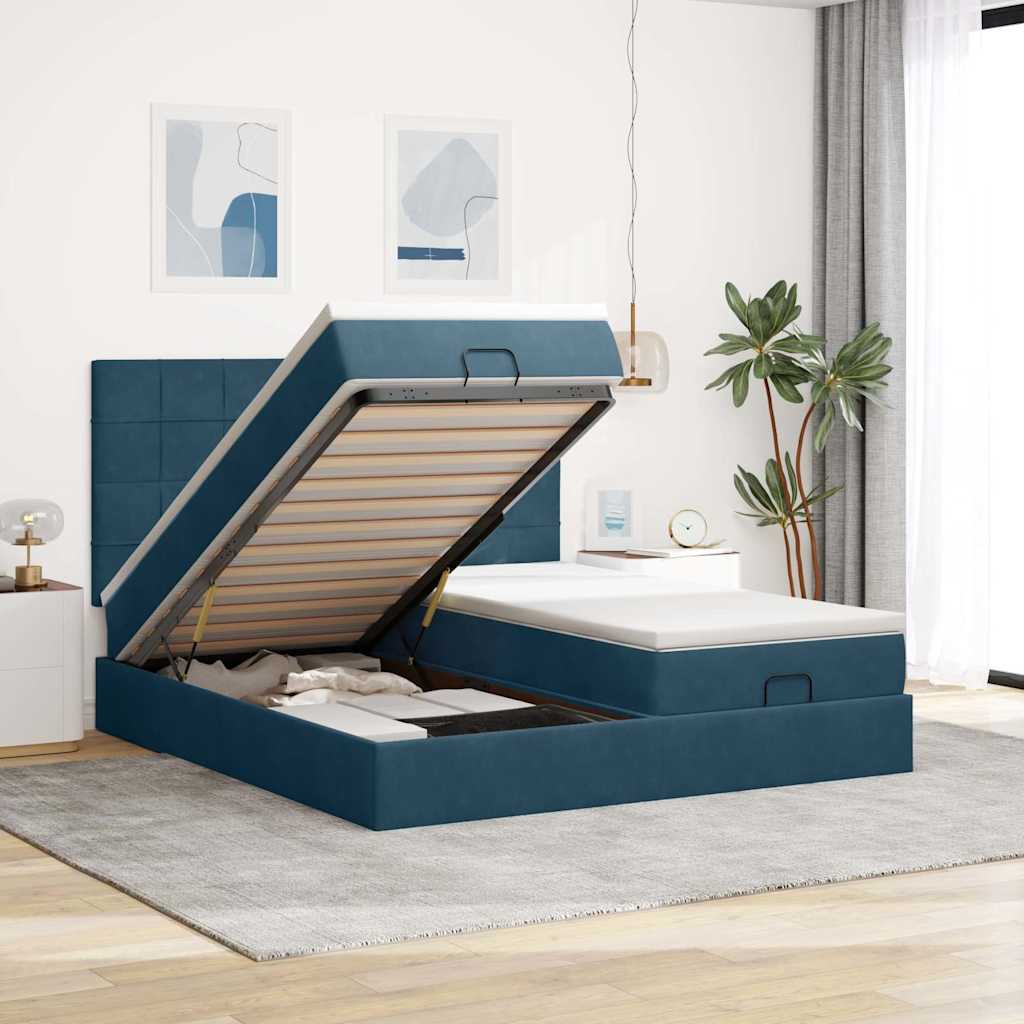 Estrutura cama otomana colchões 180x200 cm veludo azul escuro
