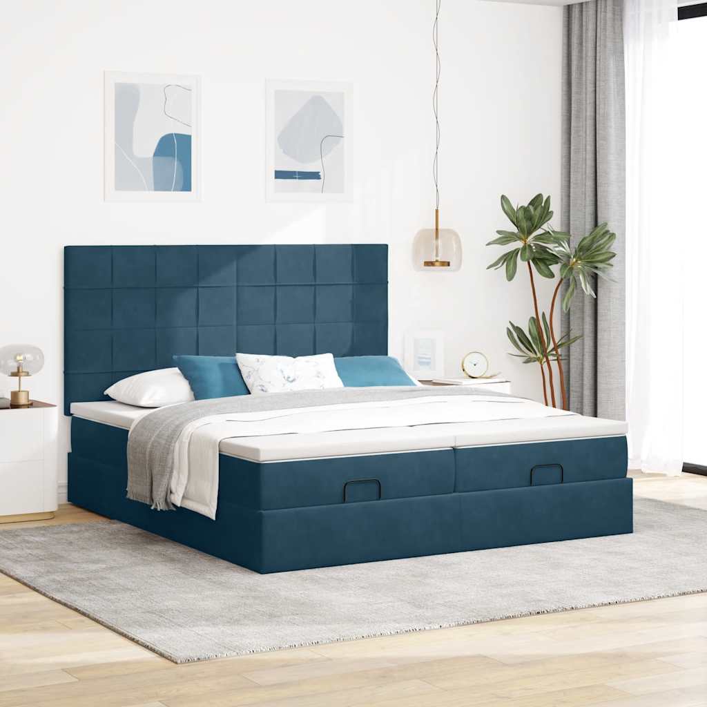 Estrutura cama otomana colchões 180x200 cm veludo azul escuro