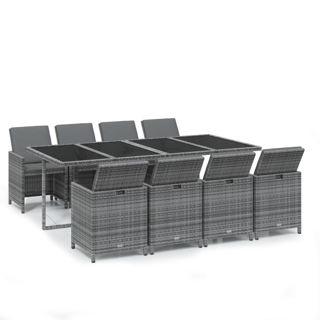 9 Pcs conjunto jantar p/ jardim c/ almofadões vime PE cinzento