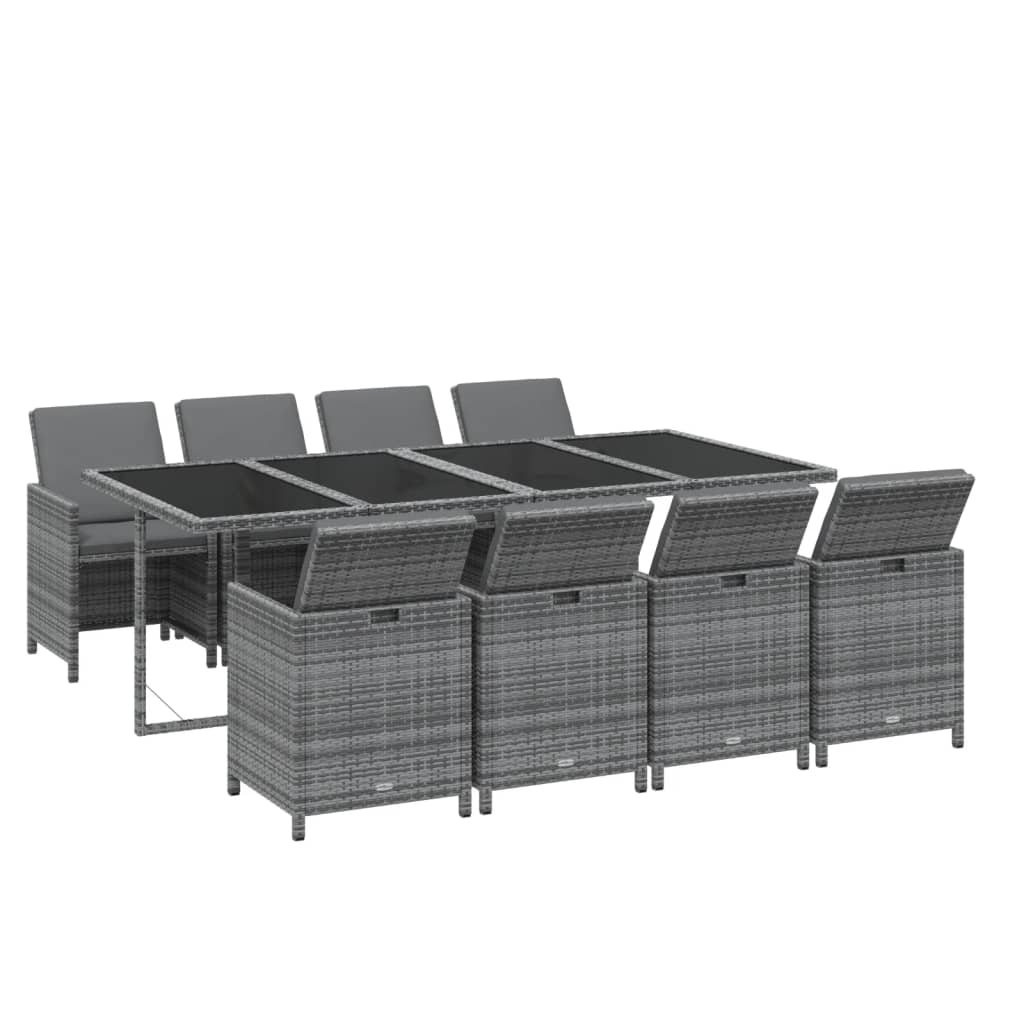 9 Pcs conjunto jantar p/ jardim c/ almofadões vime PE cinzento