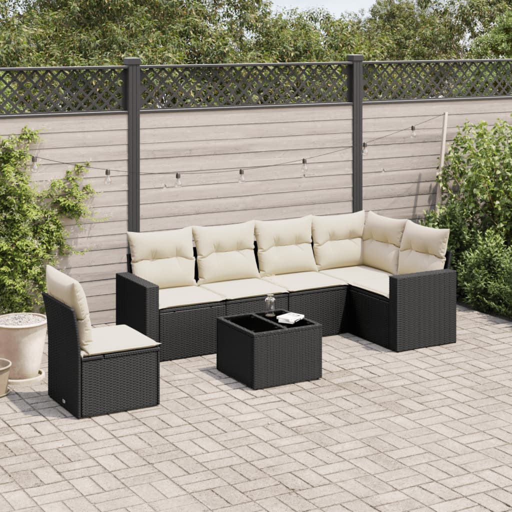 7 Pcs conjunto de sofás p/ jardim c/ almofadões vime PE preto