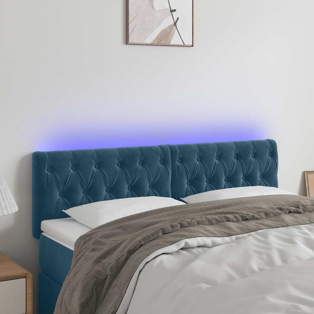 Cabeceira de cama c/ luzes LED veludo 144x7x78/88cm azul-escuro