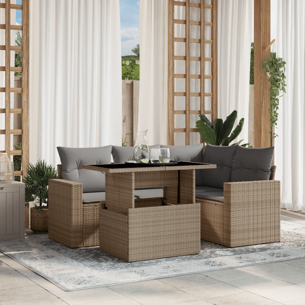 5 Pcs conjunto de sofás p/ jardim com almofadões vime PE bege