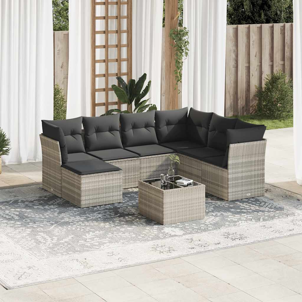 8 Pcs conj. sofás jardim c/ almofadões vime PE cinzento-claro