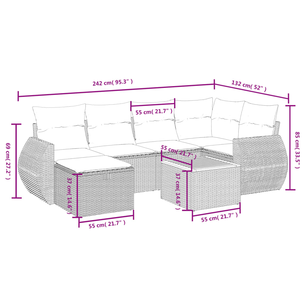 7 Pcs conjunto de sofás p/ jardim com almofadões vime PE bege