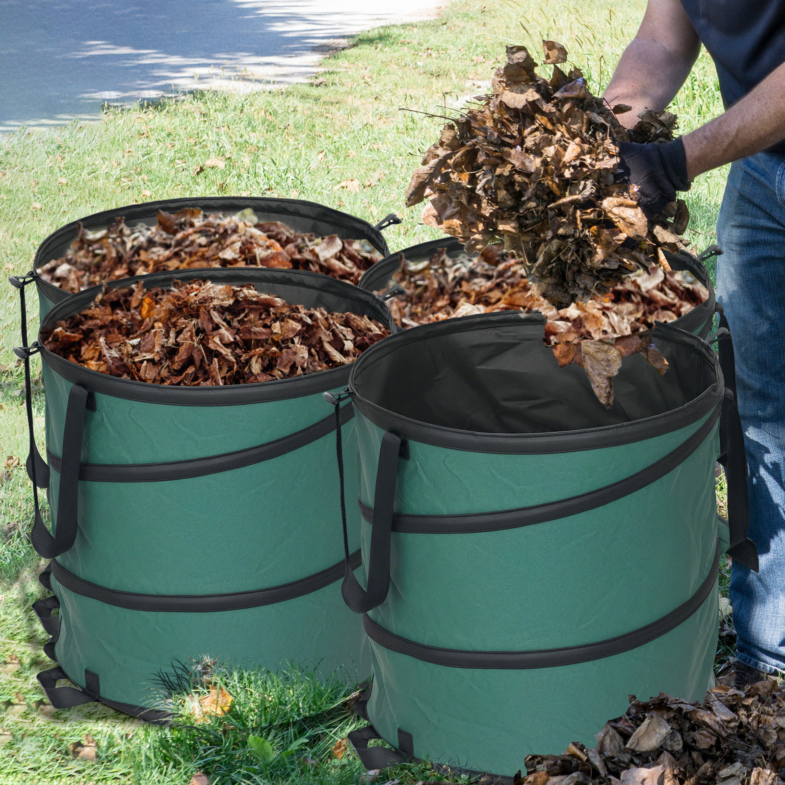 Conjunto de 4 sacos para resíduos de jardim 86l com pegas tampa com fecho e desenho pop-up dobráveis e reutilizáveis ø47x50 cm verde