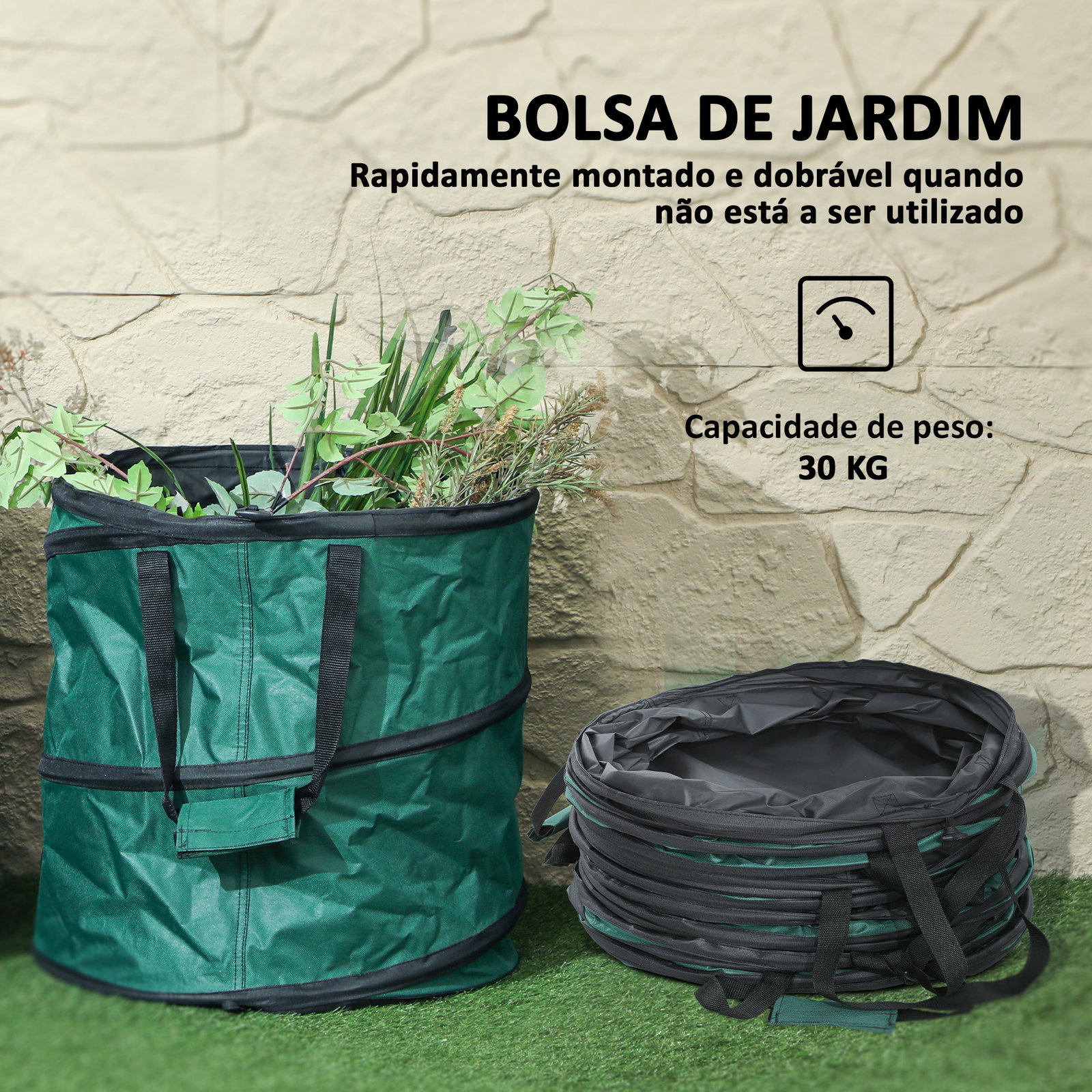 Conjunto de 4 sacos para resíduos de jardim 86l com pegas tampa com fecho e desenho pop-up dobráveis e reutilizáveis ø47x50 cm verde