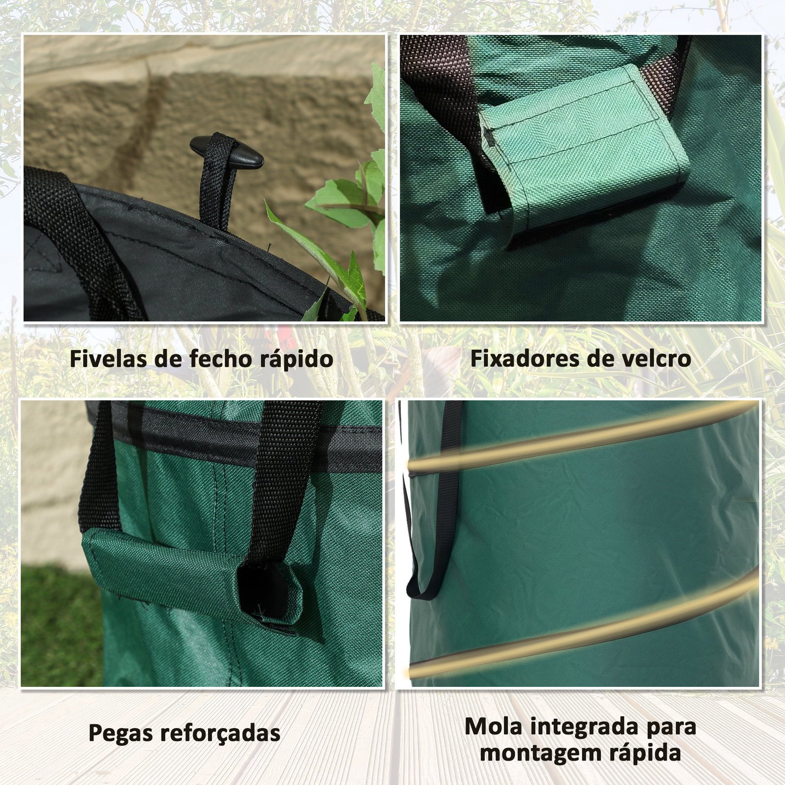 Conjunto de 4 sacos para resíduos de jardim 86l com pegas tampa com fecho e desenho pop-up dobráveis e reutilizáveis ø47x50 cm verde