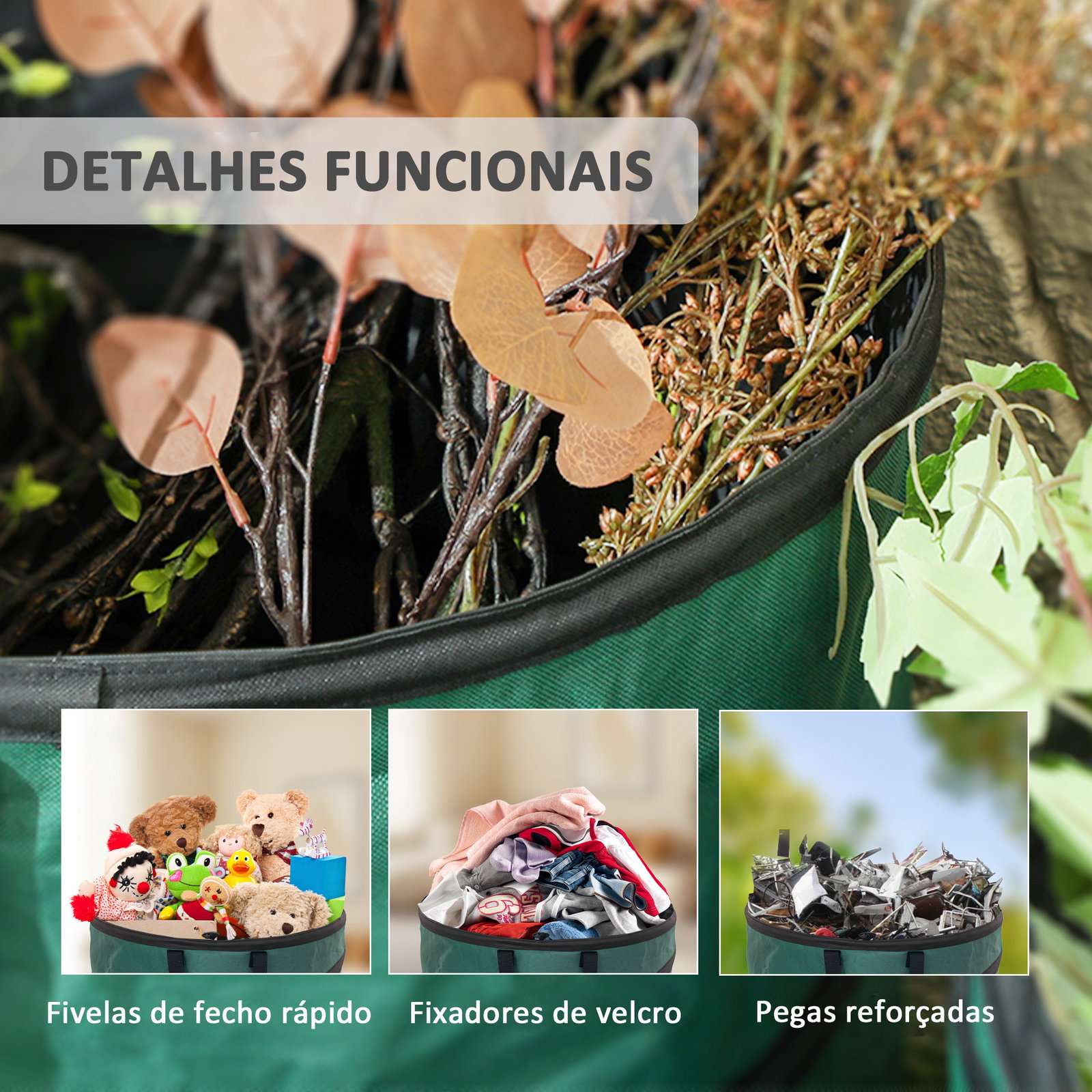 Conjunto de 4 sacos para resíduos de jardim 86l com pegas tampa com fecho e desenho pop-up dobráveis e reutilizáveis ø47x50 cm verde