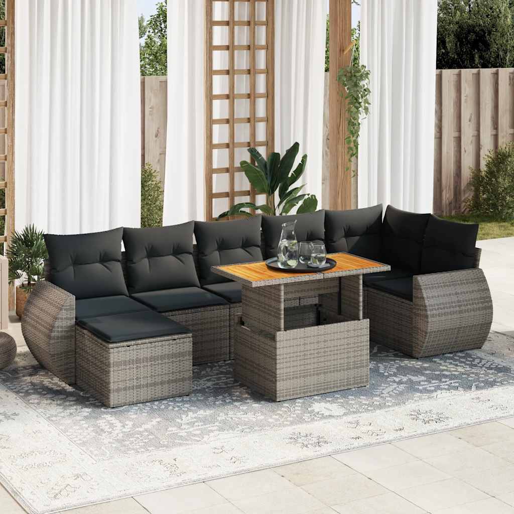 8 Pcs conjunto sofás de jardim c/ almofadões vime PE cinzento