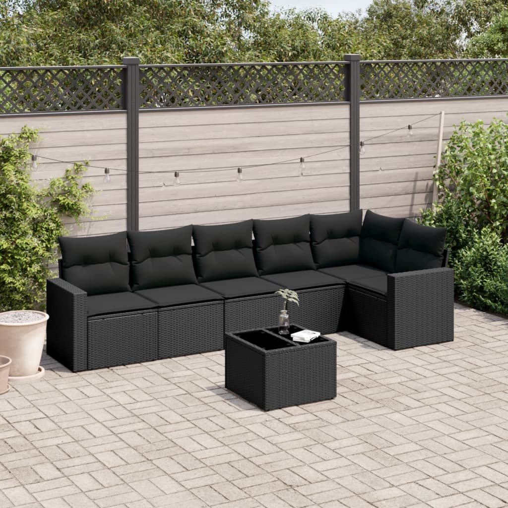 7 Pcs conjunto de sofás p/ jardim c/ almofadões vime PE preto