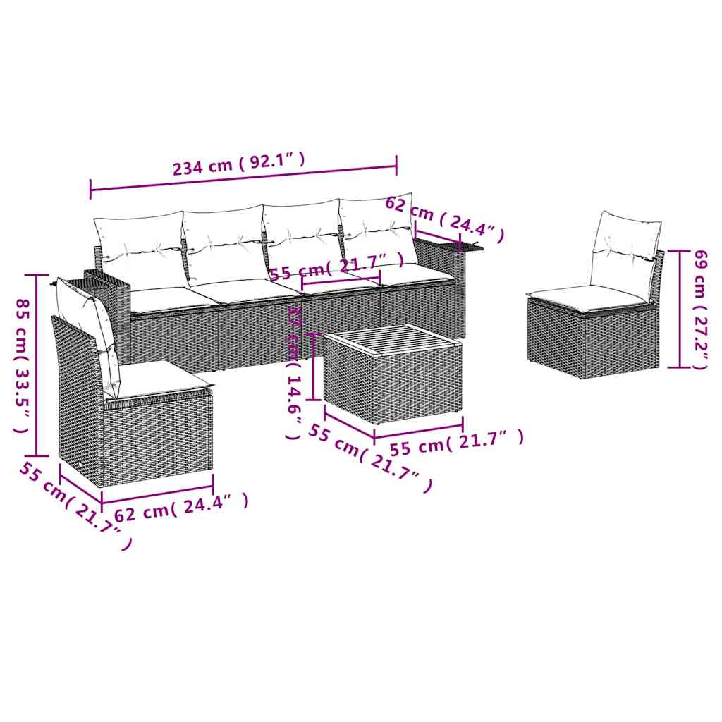 7 Pcs conjunto de sofás p/ jardim c/ almofadões vime PE preto