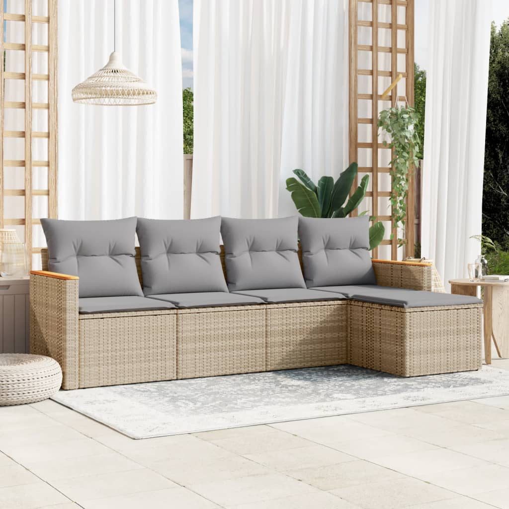 5 Pcs conj. sofás jardim c/ almofadões vime PE bege misturado