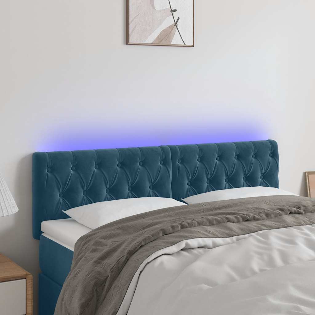 Cabeceira de cama c/ luzes LED veludo 160x7x78/88cm azul-escuro