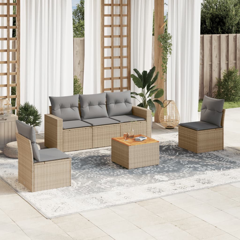 6 Pcs conj. sofás jardim c/ almofadões vime PE bege misturado