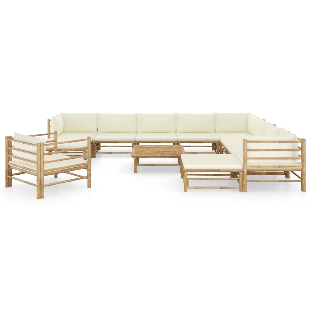 12 Pcs conj. lounge jardim em bambu c/ almofadões branco nata