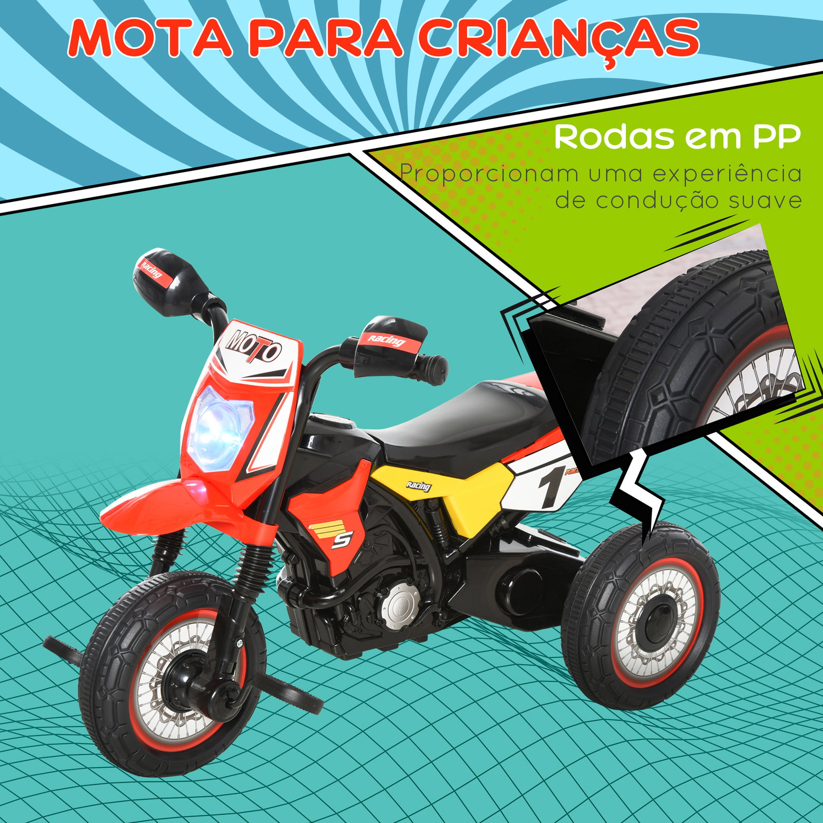 Mota para crianças acima de 18 meses mota a pedais para crianças com 3 rodas luzes e sons realistas 71x40x51 cm vermelho