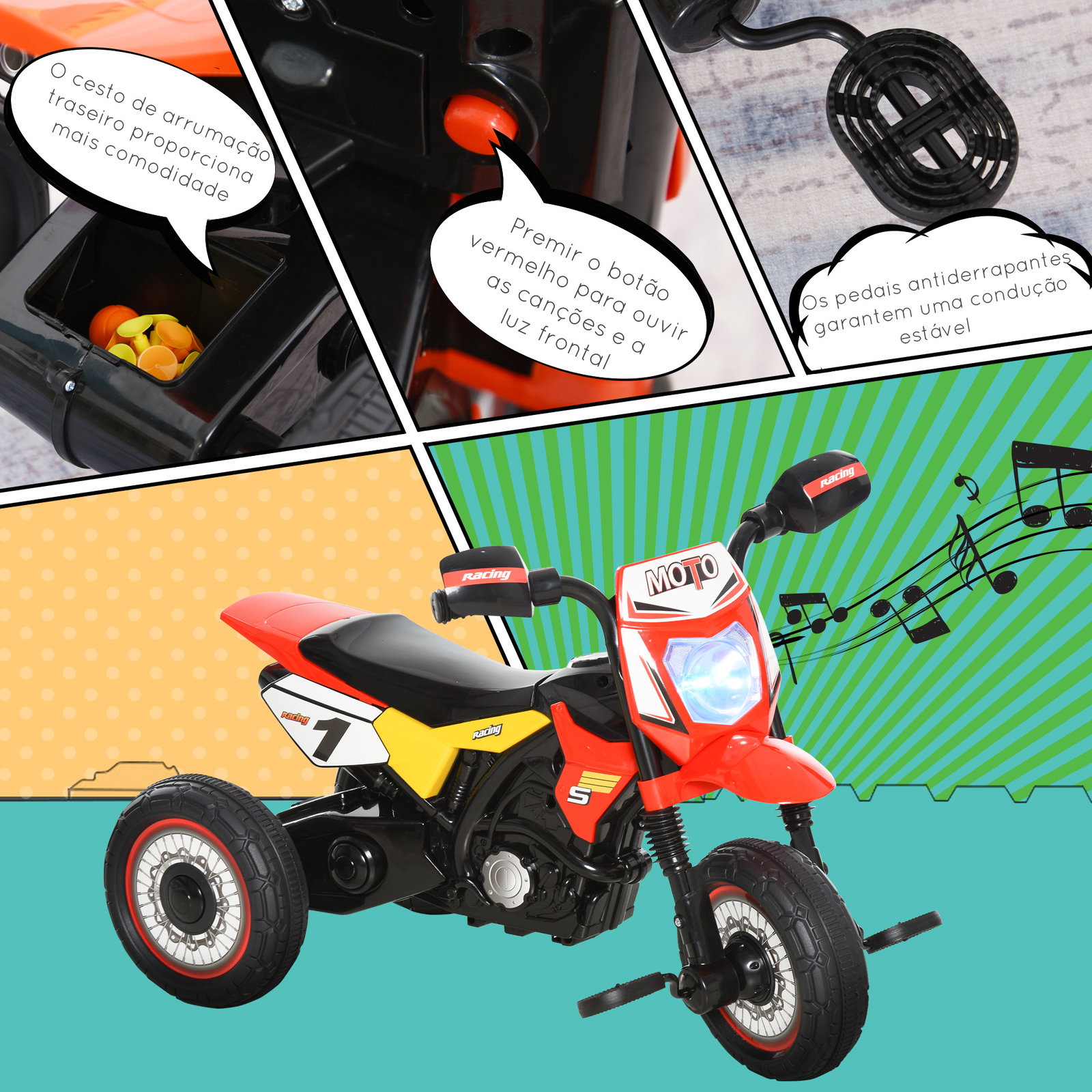 Mota para crianças acima de 18 meses mota a pedais para crianças com 3 rodas luzes e sons realistas 71x40x51 cm vermelho