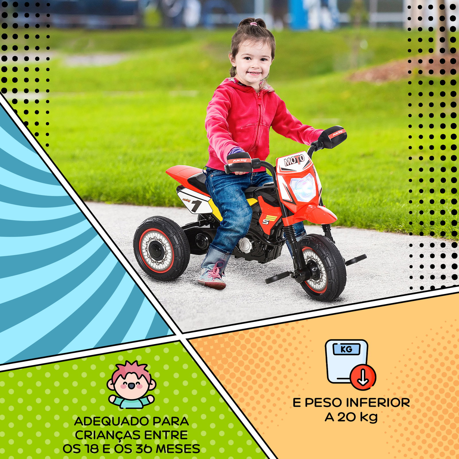 Mota para crianças acima de 18 meses mota a pedais para crianças com 3 rodas luzes e sons realistas 71x40x51 cm vermelho