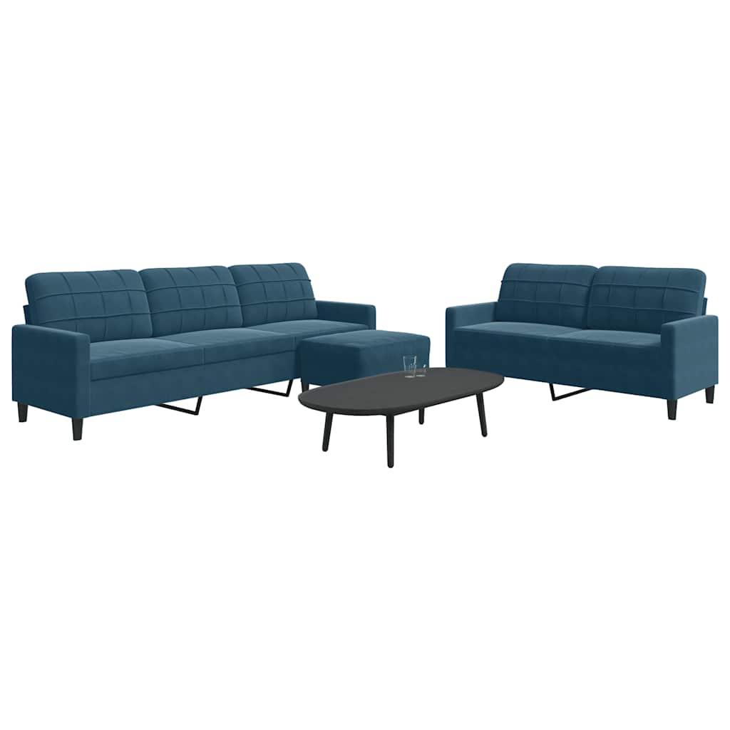 3 Pcs conjunto de sofás com almofadões veludo azul
