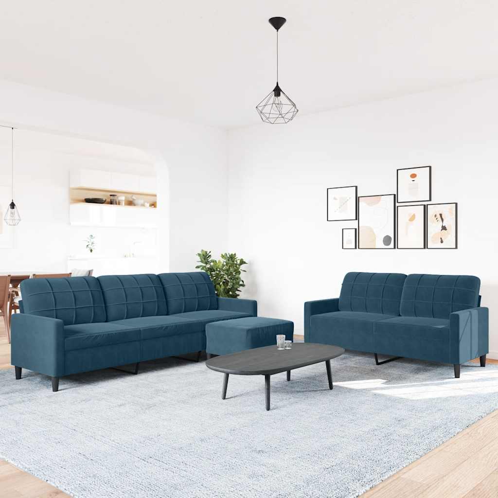 3 Pcs conjunto de sofás com almofadões veludo azul