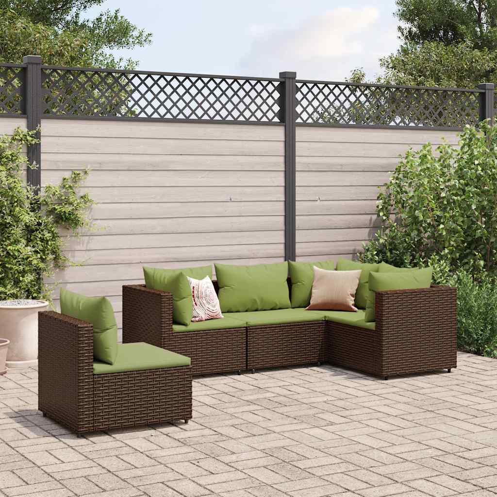 5 Pcs conjunto lounge jardim c/ almofadões vime PE castanho