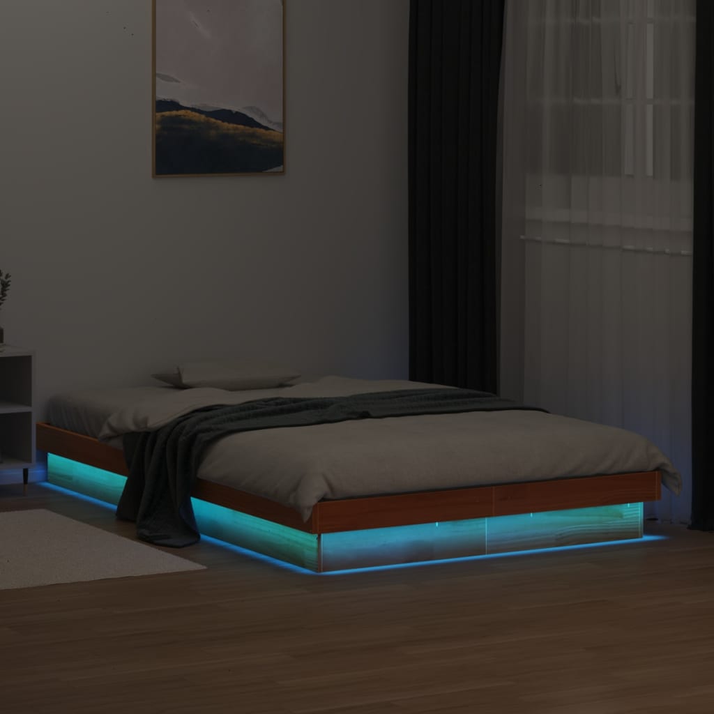 Estrutura de cama c/ leds 135x190 cm pinho maciço castanho mel