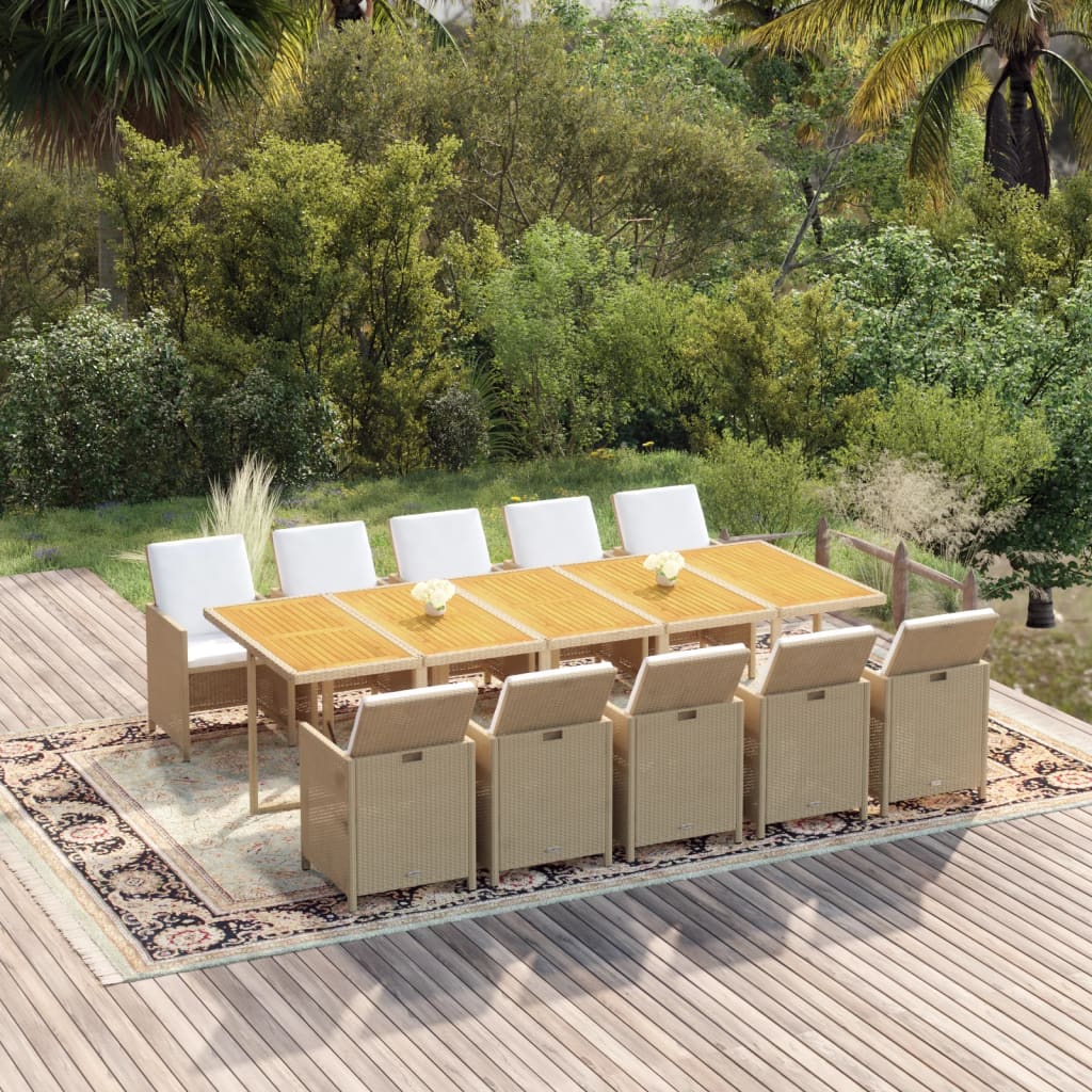 11 Pcs conjunto jantar p/ jardim c/ almofadões vime PE bege