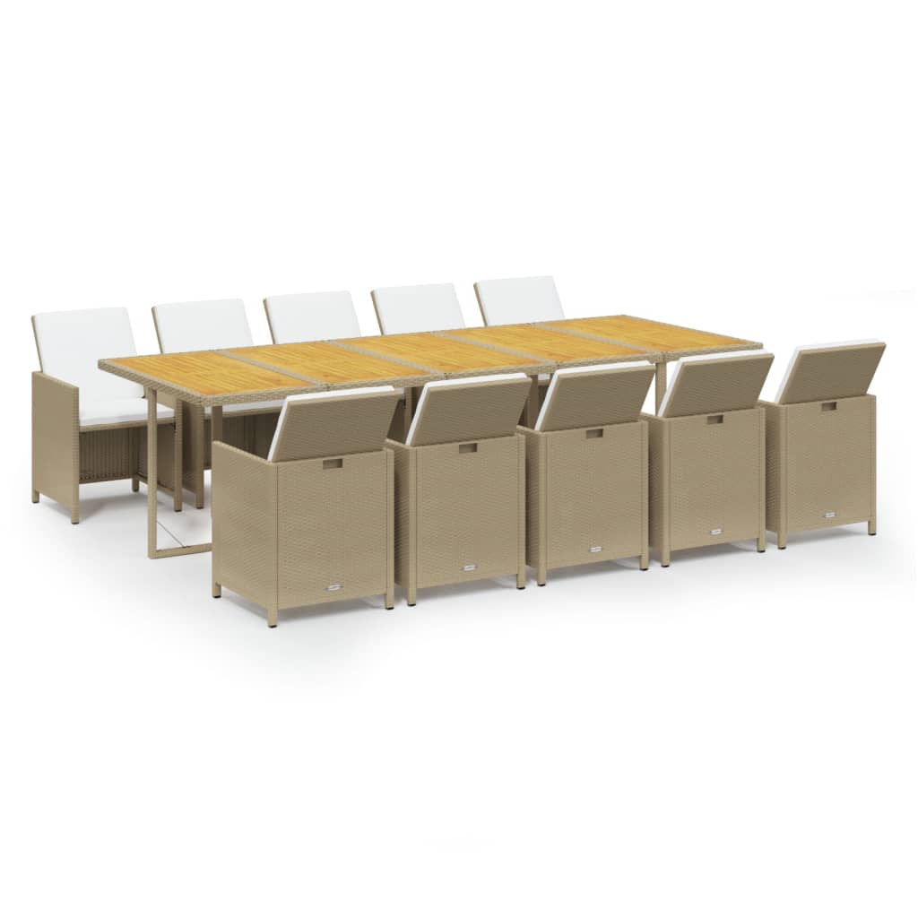 11 Pcs conjunto jantar p/ jardim c/ almofadões vime PE bege