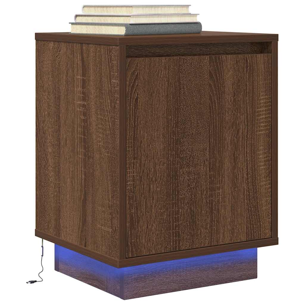 Mesa de cabeceira com luzes LED 38x34x50 cm carvalho castanho