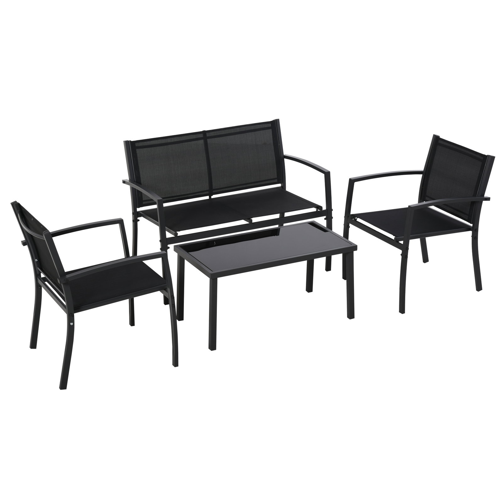 Conjunto de móveis de jardim conjunto de 4 peças com 2 poltronas 1 sofá de 2 lugares e mesa de centro com tampo de vidro preto