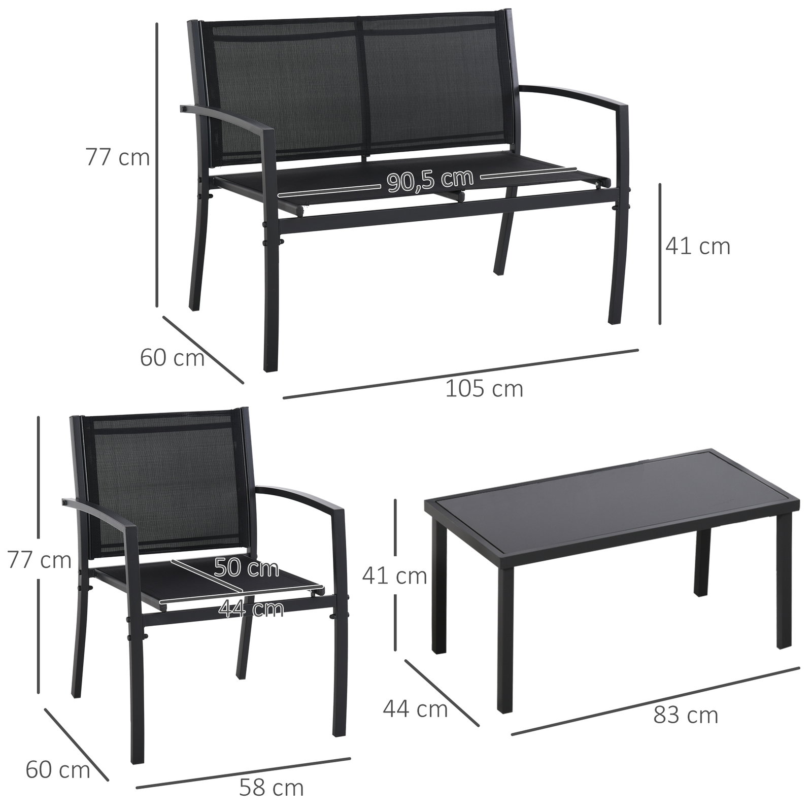 Conjunto de móveis de jardim conjunto de 4 peças com 2 poltronas 1 sofá de 2 lugares e mesa de centro com tampo de vidro preto