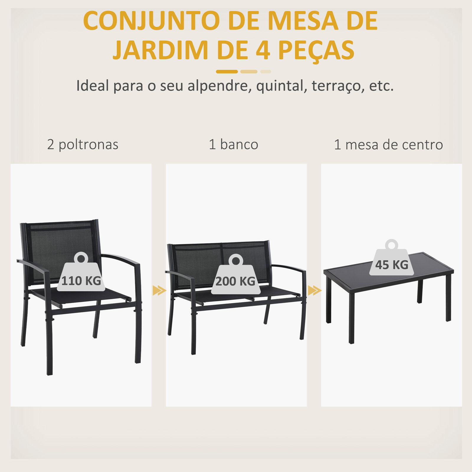 Conjunto de móveis de jardim conjunto de 4 peças com 2 poltronas 1 sofá de 2 lugares e mesa de centro com tampo de vidro preto