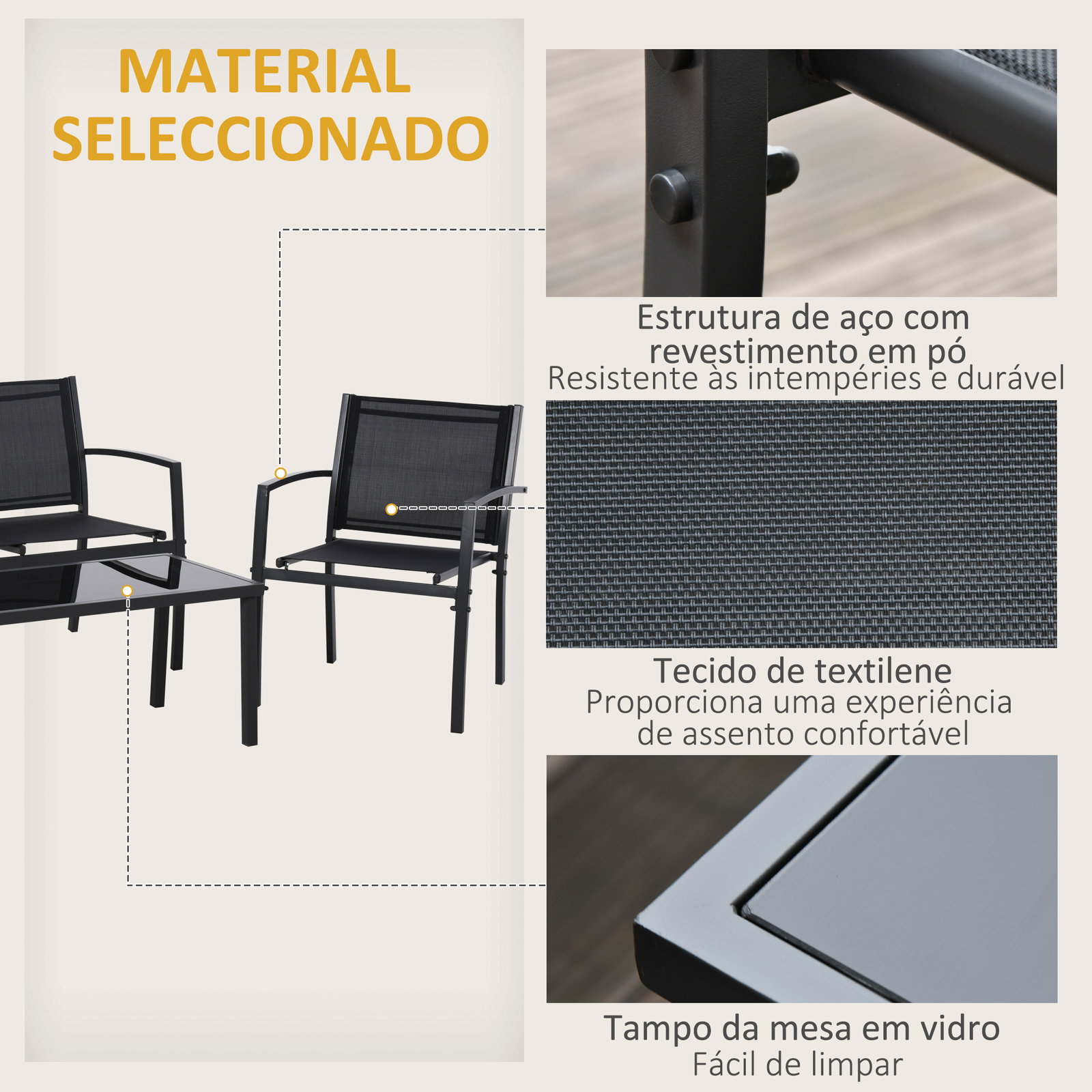 Conjunto de móveis de jardim conjunto de 4 peças com 2 poltronas 1 sofá de 2 lugares e mesa de centro com tampo de vidro preto