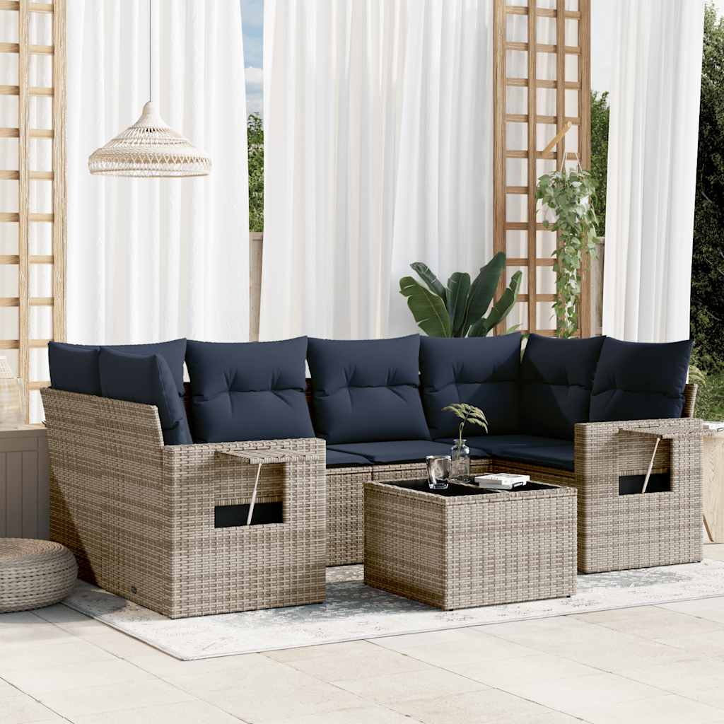 Conjunto de sofá de jardim com 7 peças e almofadas em rattan sintético cinza