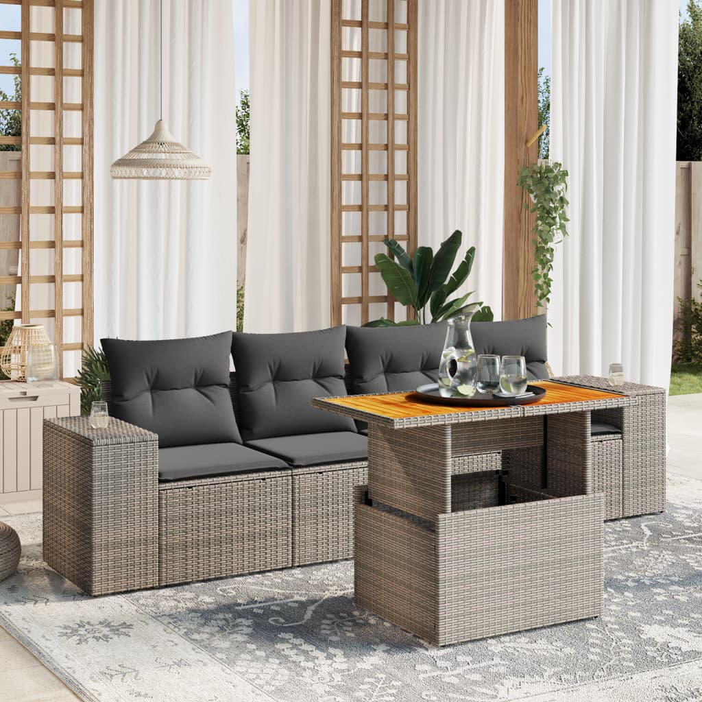 5 Pcs conjunto sofás de jardim c/ almofadões vime PE cinzento